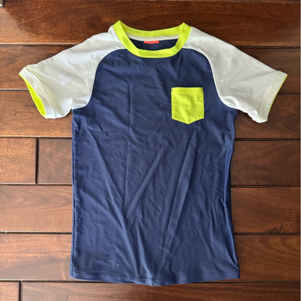 Sunuva Blue and White boys rashguard swim shirt with Neon Accents